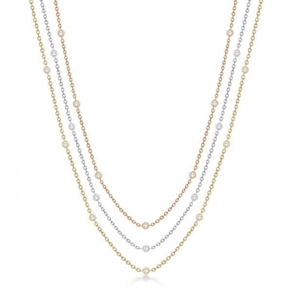 Three-Strand Diamond Station Necklace in 14k Three-Tone Gold (3.01ct)