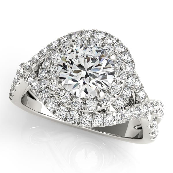Infinity Twist Diamond Halo Engagement Ring 14k White Gold 1.63ctw: CENTER STONE; Diamond (1.00 CTW) CENTER STONE CLARITY; SI1-SI2 CENTER STONE COLOR; J-K CENTER STONE SETTING; Prong SIDE STONE CLARITY; SI1-SI2 SIDE STONE COLOR; J-K SIDE STONE SETTING; Pave ctw OF