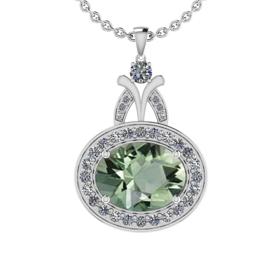 23.16 Ctw I2/I3 Green Amethyst And Diamond 10K White Gold Pendant: Center Stone Weight : 22.15 Ctw (Oval Cut ) Center Stone Color : Green Amethyst Center Stone Setting : Prong Side Stone Weight Of Ctw 1.01 Ctw Side Stone Color : J-K Stone Clarity : I2/I3 Stone
