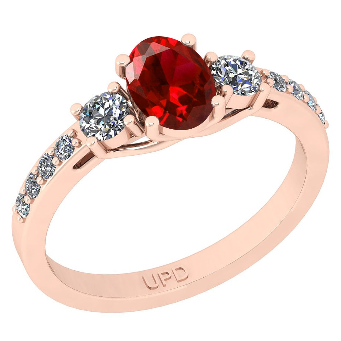 0.86 Ctw I2/I3 Red Sapphire And Diamond 14K Rose Gold Ring: Center Stone Weight : 0.50 Ctw (Oval Cut ) Center Stone Color : Red Sapphire Center Stone Setting : Prong Side Stone Weight Of Ctw .36 Ctw Side Stone Color : J-K Stone Clarity : I2/I3 Stone Setting : 