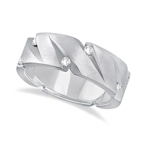 Mens Pointed Groove Diamond Wedding Ring Band 18k White Gold 0.50ctw: CENTER STONE; Diamond CENTER STONE CLARITY; VS2 CENTER STONE COLOR; J-K CENTER STONE SETTING; Burnish SIDE STONE CLARITY; SIDE STONE COLOR; SIDE STONE SETTING; ctw OF SIDE STONE: SIDE STONE QUALITY; #