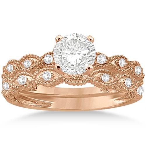Antique style Diamond Engagement Ring Set 14k Rose Gold 1.20ctw: CENTER STONE; Diamond (1.00 CTW) CENTER STONE CLARITY; SI1-SI2 CENTER STONE COLOR; J-K CENTER STONE SETTING; Pave SIDE STONE CLARITY; SIDE STONE COLOR; SIDE STONE SETTING; ctw OF SIDE STONE: SIDE STON