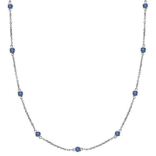 Fancy Blue Station Necklace 14k White Gold (3.00ct): METAL TYPE: 14k White Gold ;TOTAL CARAT WEIGHT: 3 ;NAME OF CENTER STONE: Diamond ;CENTER STONE SHAPE: Round ;CENTER STONE CLARITY: SI ;CENTER STONE COLOR: Fancy Blue ;CENTER STONE SETTING: Bezel ;CENT