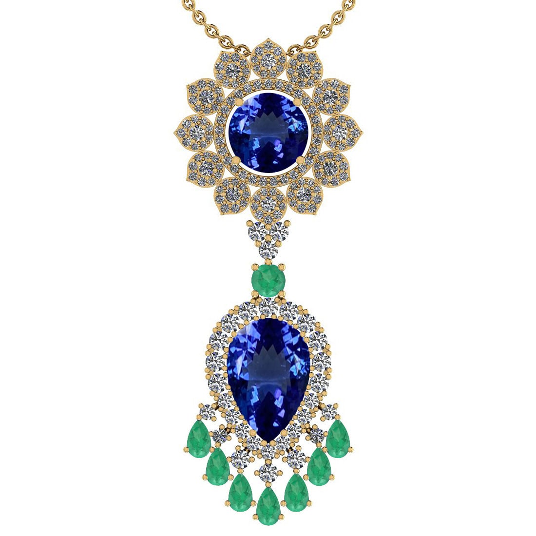 Certified 15.49 Ctw VS/SI1 Tanzanite,Emerald And Diamond 14K Yellow Gold Vi: Center Stone Approx Weight: 10.57 Ctw (Pear& Round Cut ) Center Stone Color: Tanzanite Center Stone Setting: Prong Color Stone Weight: 2.00 ctw stone Color: Emerald Setting: Prong Side Stone 2.92 Ctw 