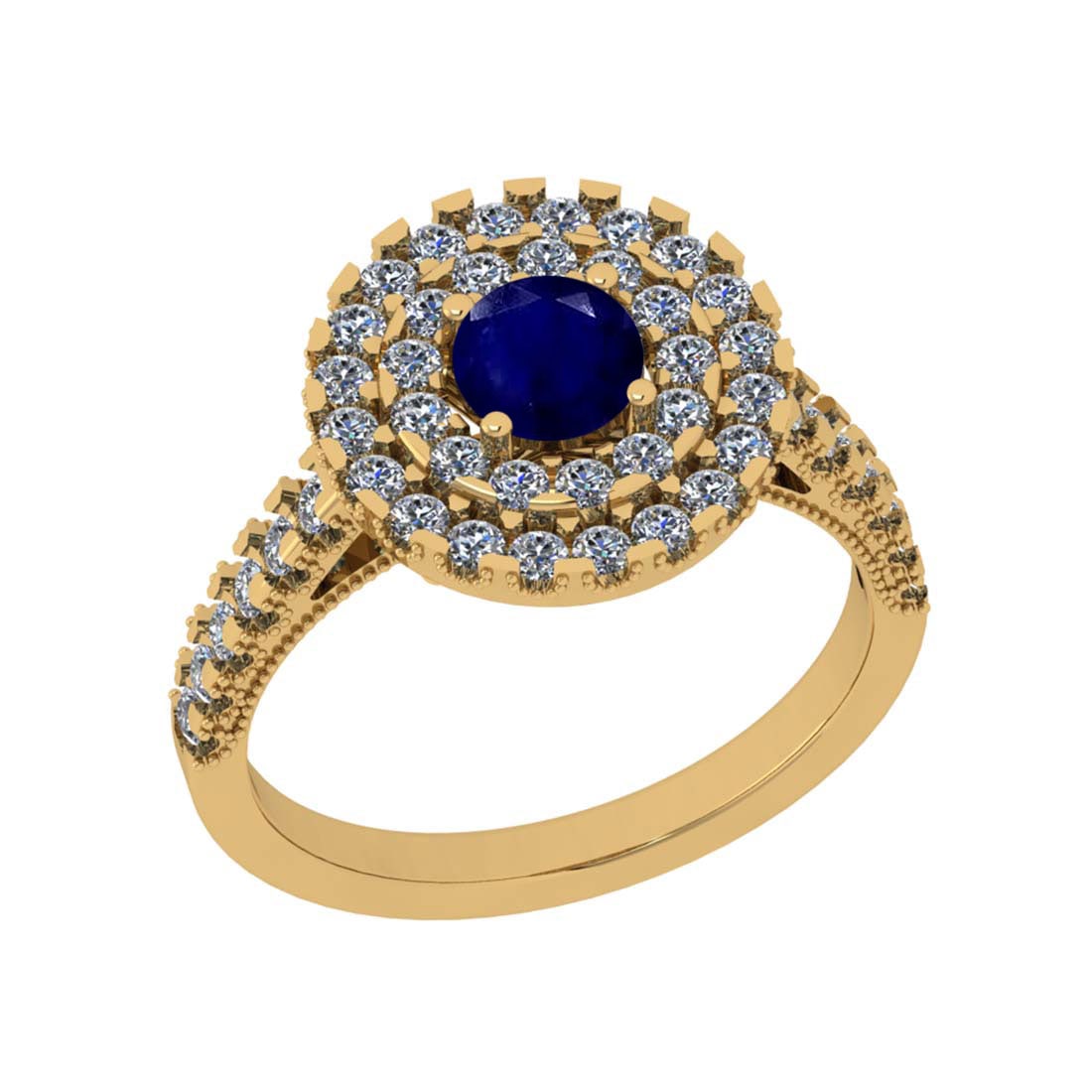 1.30 Ctw SI2/I1 Blue Sapphire And Diamond 14K Yellow Gold two Row Engagemen: Color Stone Weight : 0.50 Ctw (Round Cut ) Center Stone Color : Blue Sapphire Center Stone Setting : Prong Side Stone Weight Of Ctw 0.80 Ctw Side Stone Color : J-K Stone Clarity : SI2/I1 Stone Setting