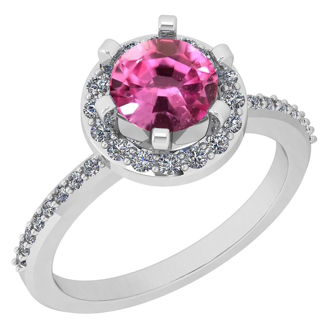 1.52 Ctw SI2/I1 Pink Tourmaline And Diamond 14K White Gold Engagement Halo: Center Weight : 1.14 Ctw ( Round Cut ) Center Color :- Pink Tourmaline Stone Setting : Prong Side Stone Weight Of Ctw 0.38 Ctw Side Stone Color : J-K Stone Clarity : SI2/I1 Stone Setting : Prong Metal