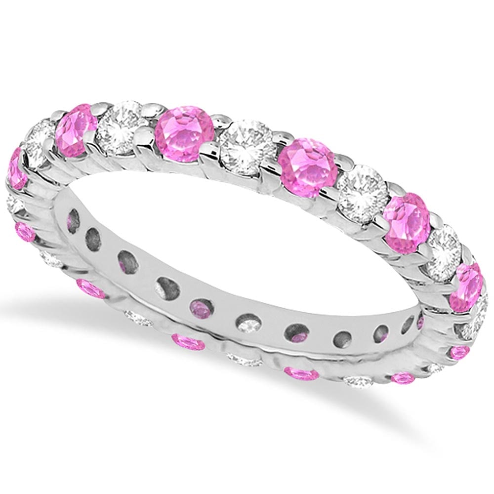Eternity Diamond and Pink Sapphire Ring Band 14k White Gold 2.35ctw: CENTER STONE; Sapphire CENTER STONE CLARITY; CENTER STONE COLOR; Pink CENTER STONE SETTING; Prong SIDE STONE CLARITY; SI SIDE STONE COLOR; J-K SIDE STONE SETTING; Prong ctw OF SIDE STONE: 1 SIDE STONE