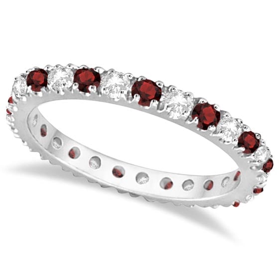 Diamond and Garnet Eternity Band Stackable Ring 14K White Gold 1.00 ctw: CENTER STONE; Garnet CENTER STONE CLARITY; CENTER STONE COLOR; Red CENTER STONE SETTING; Prong SIDE STONE CLARITY; SI SIDE STONE COLOR; J-K SIDE STONE SETTING; Prong ctw OF SIDE STONE: 0.50 SIDE STONE