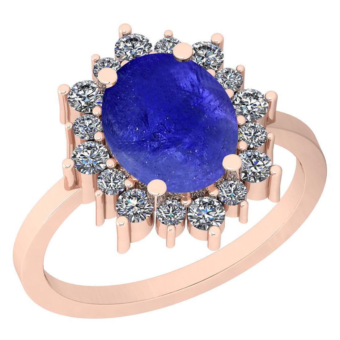 3.75 Ctw SI2/I1 Tanzanite And Diamond 14K Rose Gold Vintage Style Ring: Color Stone Weight : 2.90 Ctw ( Oval Cab ) Center Stone Color :-Tanzanite Center Stone Setting : Prong Side Stone Weight Of Ctw 0.85 Ctw Side Stone Color : J-K Stone Clarity : SI2/I1 Stone Setting : P