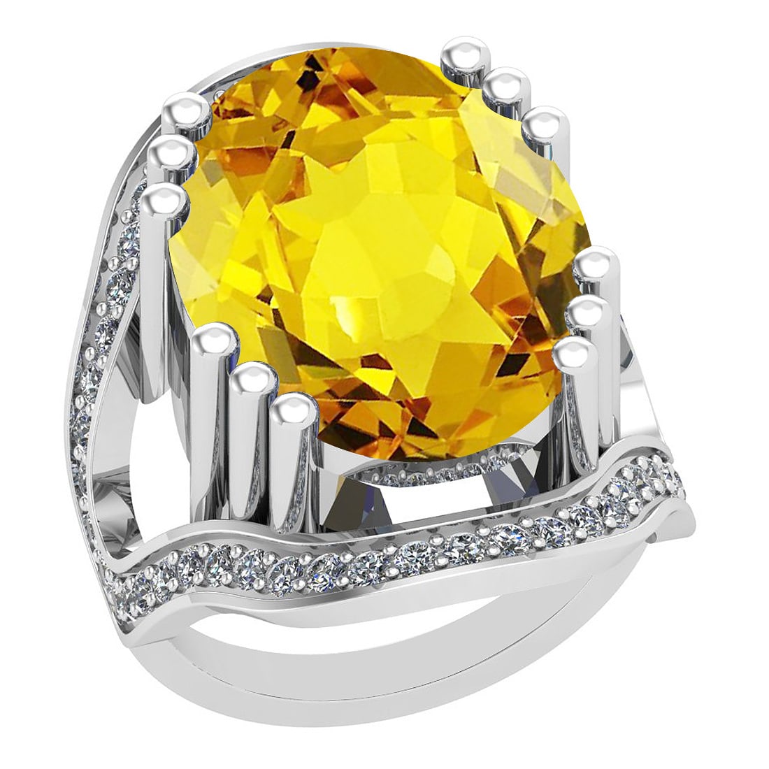 19.92 Ctw I2/I3 Lemon Topaz And Diamond 14k White Gold Engagement Halo Ring: Center Stone Weight : 19.06 Ctw (1 Psc Oval Cut ) Center Stone Color : Lemon Topaz Center Stone Setting : Prong Side Stone Weight Of Ctw 0.86 Ctw Side Stone Color : J-K Stone Clarity : I2/I3 Stone Set