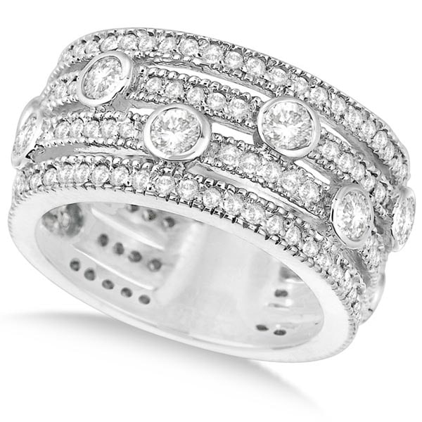 Vintage Style Bezel and Pave-Set Diamond Ring Band 14k White Gold 1.85ctw