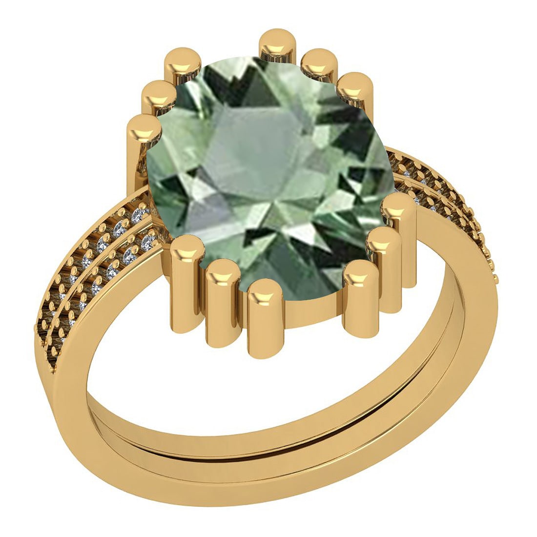 20.63 Ctw SI2/I1 Green Amethyst And Diamond 14k Yellow Gold Vintage Style R: Center Weight : 20.13 Ctw (Oval Cut ) Center Color : Green Amethyst Center Stone Setting : Prong Side Stone Weight Of Ctw 0.50 Ctw Side Stone Color : J-K Stone Clarity : SI2/I1 Stone Setting : Prong M