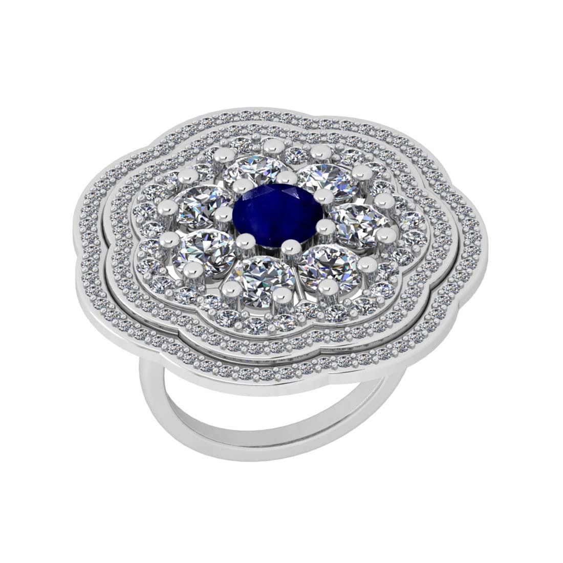 4.11 Ctw SI2/I1 Blue Sapphire And Diamond 14K White Gold Cocktail Ring: Color Stone Weight : 1.00 Ctw (Round Cut ) Center Stone Color : Blue Sapphire Center Stone Setting : Prong Side Stone Weight Of Ctw 3.11 Ctw Side Stone Color : J-K Stone Clarity : SI2/I1 Stone Setting