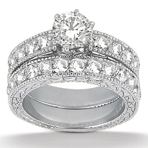 Antique style Diamond Engagement Ring and Wedding Band 14k White Gold 2.70c