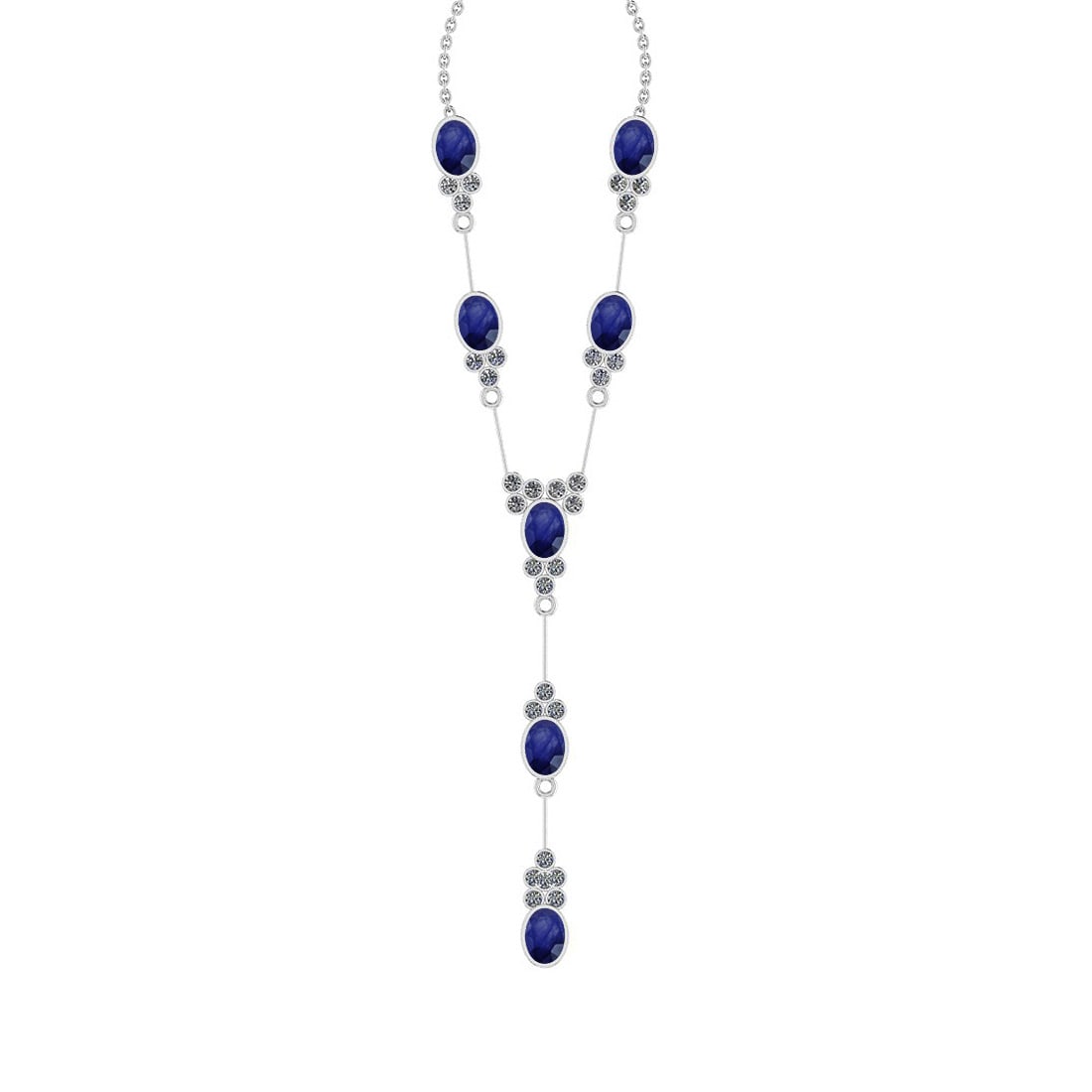 10.50 Ctw SI2/I1 Blue Sapphire And Diamond 14K White Gold Yard Necklace: Color Stone Weight : 9.00 Ctw ( Oval Cut ) Center Stone Color :-Blue Sapphire Center Stone Setting : Bezel Side Stone Weight Of Ctw 1.50 Ctw Side Stone Color : G-H Stone Clarity : SI2/I1 Stone Setting