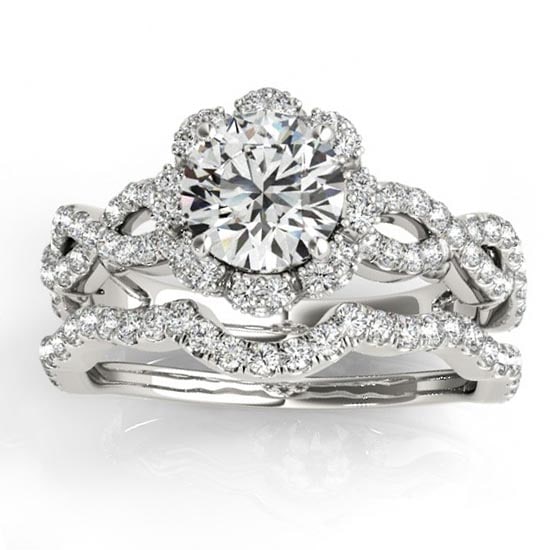 Halo Diamond Engagement and Wedding Rings Bridal Set 14k W. Gold 1.83ctw: CENTER STONE; DIAMOND (1.00 CTW) CENTER STONE CLARITY; SI1-SI2 CENTER STONE COLOR; J-K CENTER STONE SETTING; SIDE STONE CLARITY; SI1-SI2 SIDE STONE COLOR; J-K SIDE STONE SETTING; Prong ctw OF SIDE STO