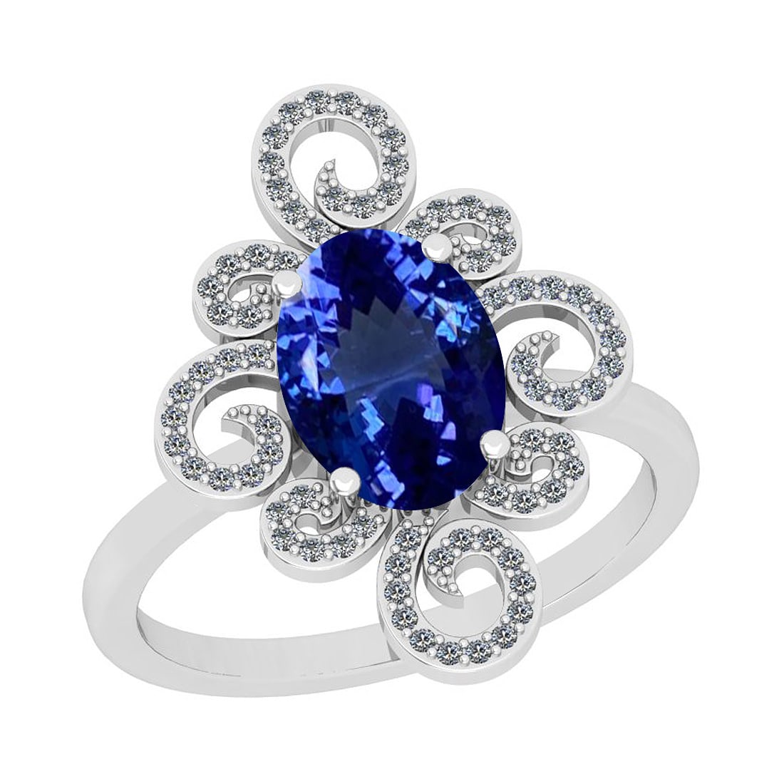 6.24 Ctw VS/SI1 Tanzanite And Diamond 18K White Gold Filigree Ring: Center Stone Weight : 5.65 Ctw (Oval Cut) Center Stone Color :-Tanzanite Center Stone Setting : Prong Side Stone Weight Of Ctw 0.59 Ctw Side Stone Color : G-H Stone Clarity : VS/SI1 Stone Setting : Pr