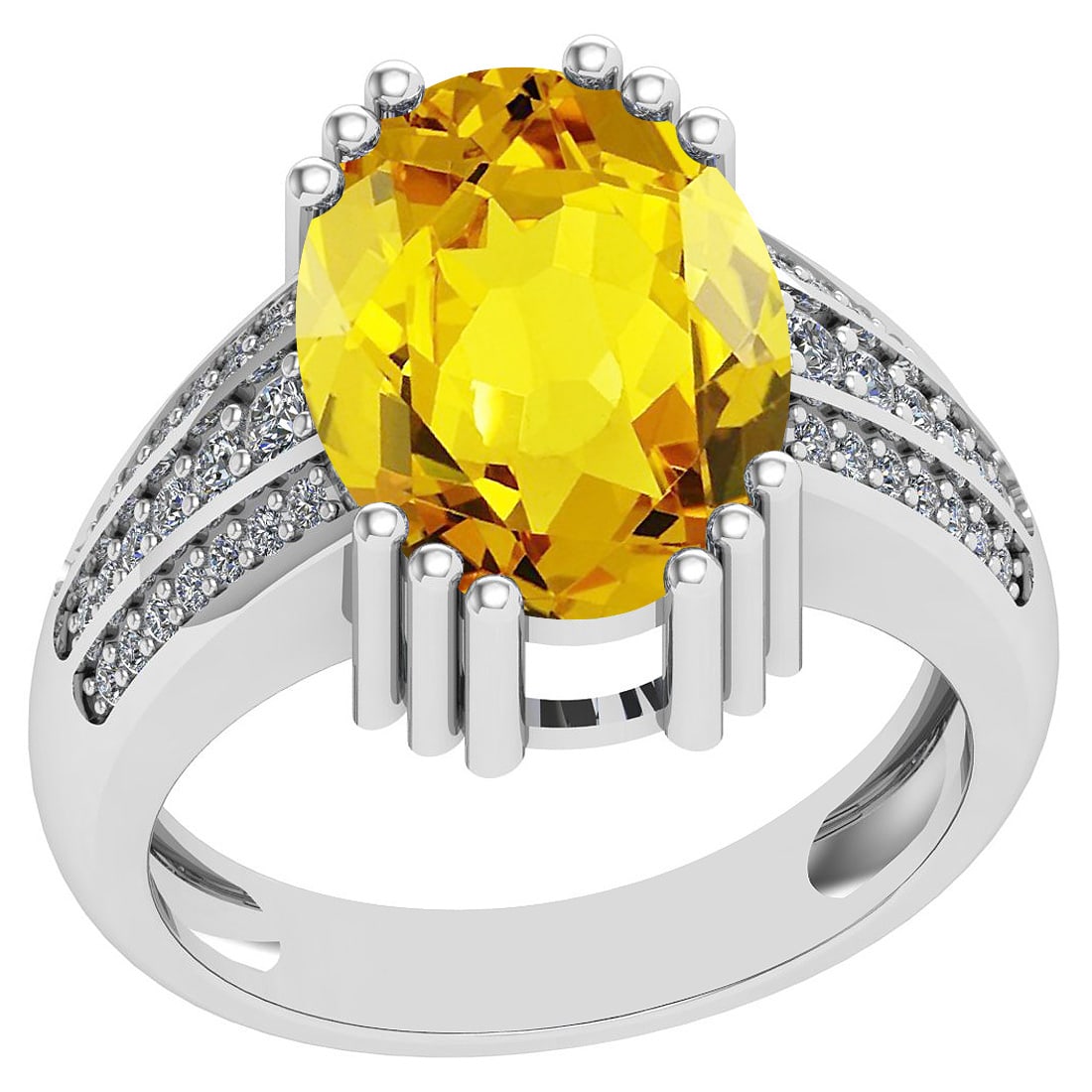 21.64 Ctw I2/I3 Lemon Topaz And Diamond 14k White Gold Engagement Halo Ring: Center Stone Weight : 21.30 Ctw (1 Psc Oval Cut ) Center Stone Color : Lemon Topaz Center Stone Setting : Prong Side Stone Weight Of Ctw 0.34 Ctw Side Stone Color : J-K Stone Clarity : I2/I3 Stone Set