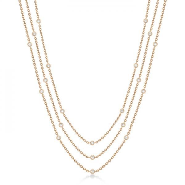 Three-Strand Diamond Station Necklace in 14k Rose Gold (4.50ct): METAL TYPE: 14k Rose Gold ;TOTAL CARAT WEIGHT: 4.5 ;NAME OF CENTER STONE: Diamond ;CENTER STONE SHAPE: Round ;CENTER STONE CLARITY: SI1-SI2 ;CENTER STONE COLOR: G-h ;CENTER STONE SETTING: Bezel ;CENTE