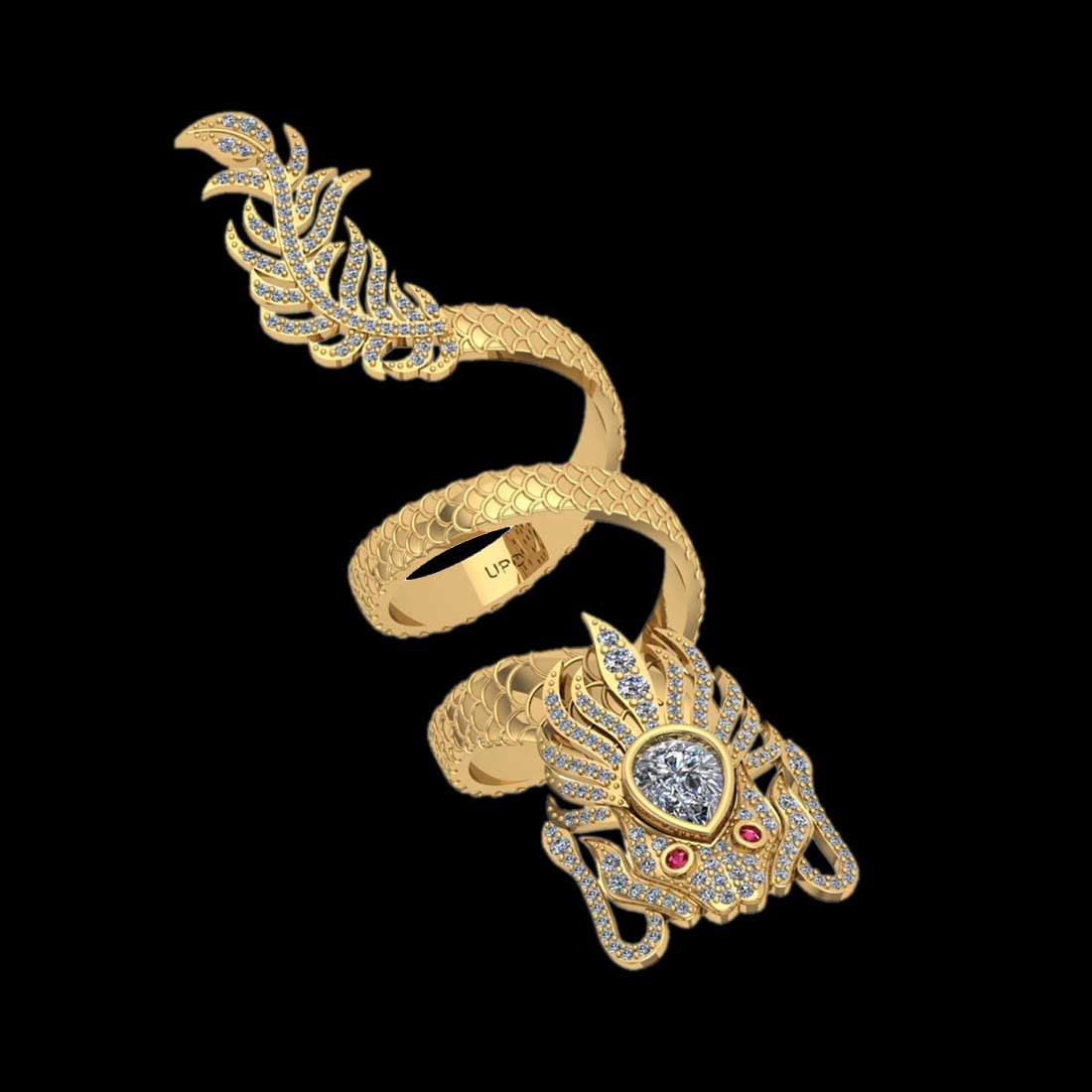 2.17 Ctw VS/SI1 Ruby and Diamond14K Yellow Gold Creature Dragon Ring: Eye Stone Weight :-0.02 ctw Eye Stone Color :- Ruby Center Diamond Weight :- 1.01 Ctw (Pear Cur ) Total Diamond Weight Of Ctw 1.14 Ctw (Round Cut ) Color : J-K Clarity : VS/SI1 Stone Setting : Prong M