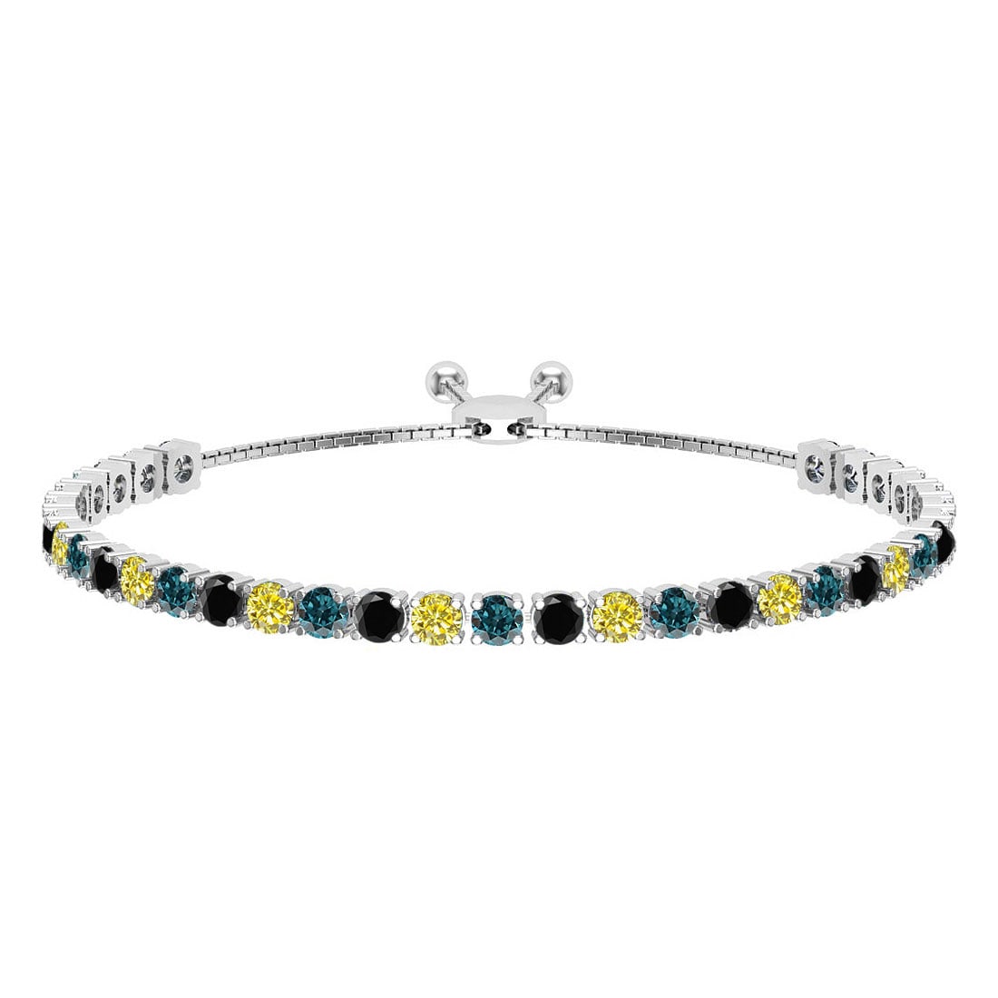 1.66 Ctw I2/I3 Multi Diamond14K White Gold Slide Bracelet: Center Diamond Weight : 1.66 Ctw (Round Cut) Center Diamond Color :- Treated Fancy Blue black yellow diamond Center Clarity : I2/I3 Stone Setting : Prong Metal Weight : Approx 7.20 Gram 14K White Gold