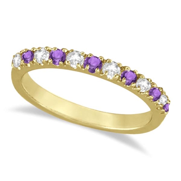 Diamond and Amethyst Band Stackable Ring Guard 14k Yellow Gold 0.50 ctw: CENTER STONE; Amethyst CENTER STONE CLARITY; CENTER STONE COLOR; Purple CENTER STONE SETTING; Prong SIDE STONE CLARITY; SI SIDE STONE COLOR; J-K SIDE STONE SETTING; Prong ctw OF SIDE STONE: 0.12 SIDE 