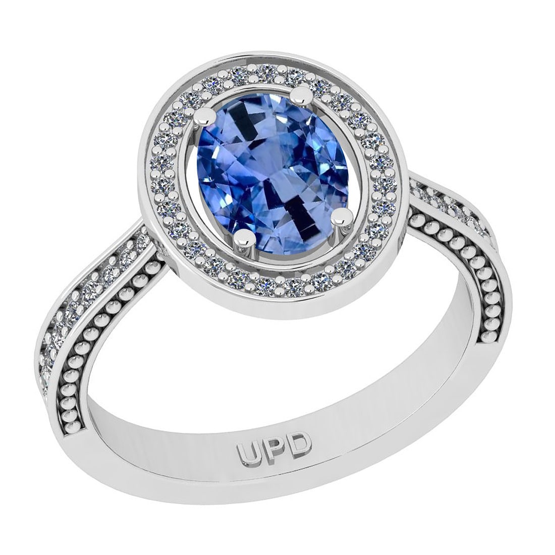 0.95 Ctw I2/I3 sapphire And Diamond 10K White Gold Engagement Ring: Center Stone Weight : 0.75 Ctw ( Oval Cut) Center Stone Color :- sapphire Stone Setting : Prong Side Stone Weight Of Ctw 0.20 Ctw Side Stone Color : J-K Stone Clarity : I2/I3 Stone Setting : Prong Met