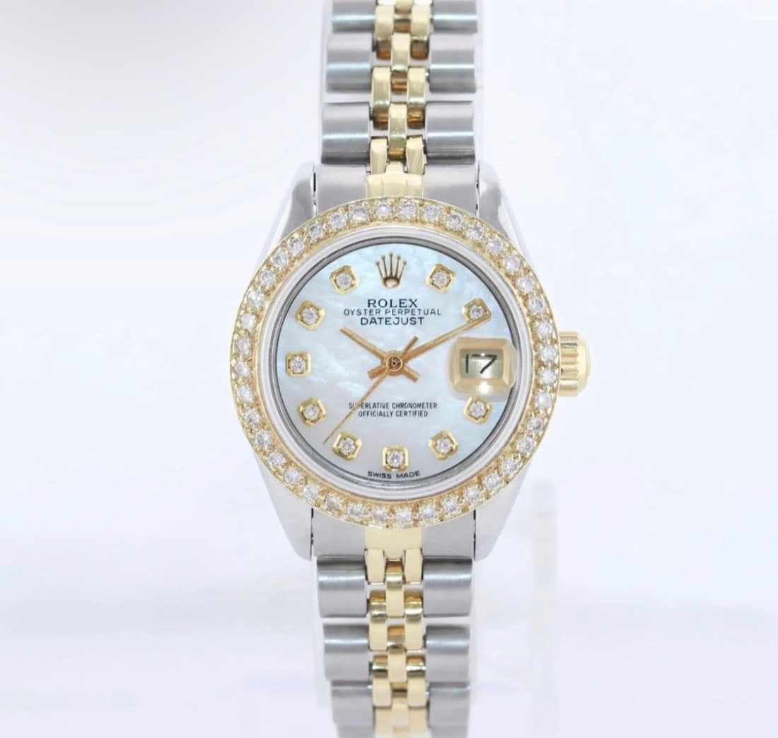 Custom Used Rolex 26mm Ladies Datejust Rolex w/diamond bezel and diamond di: Used Rolex 26mm Ladies Datejust Rolex comes with box no papers, appraisal upon request #PAPPS95547v7
