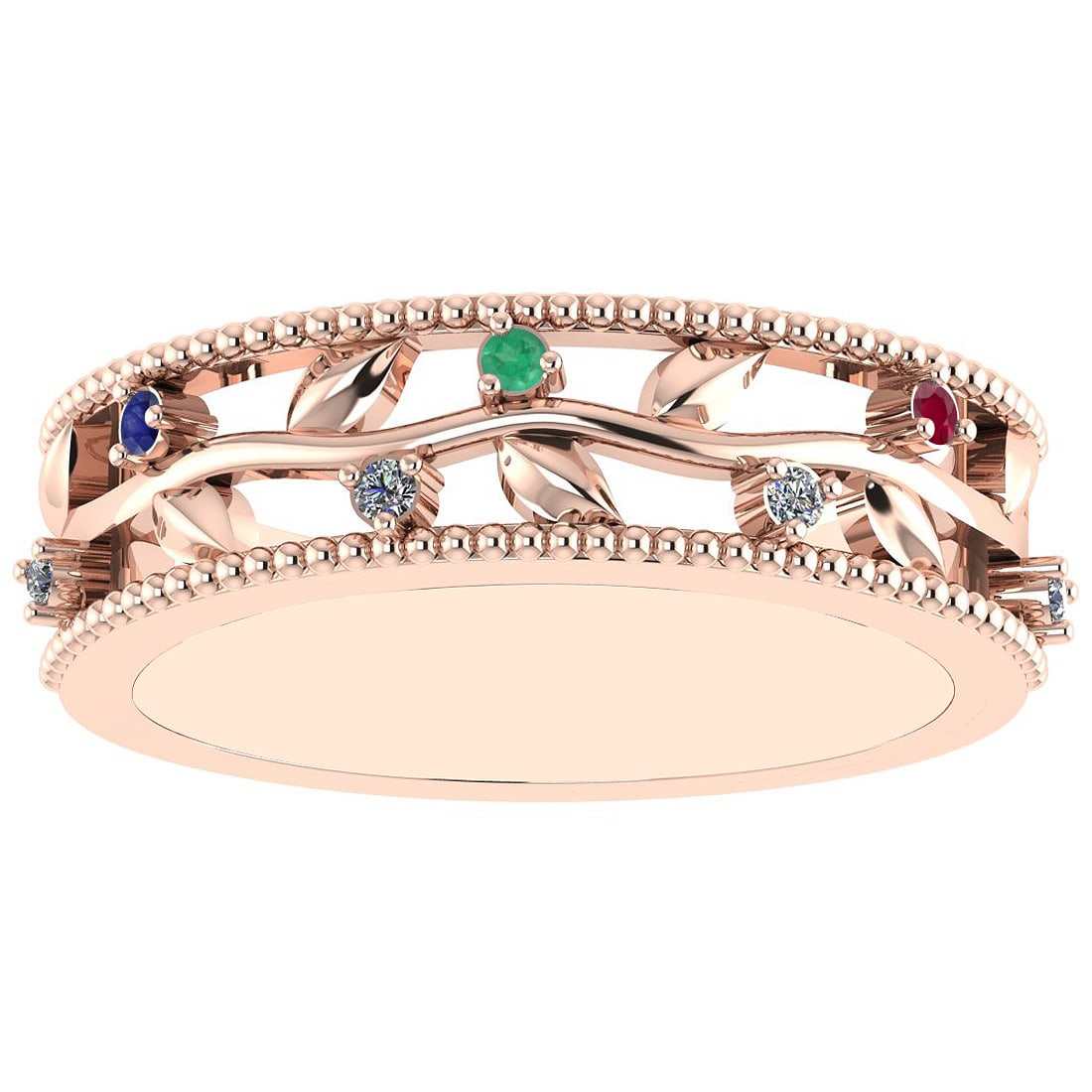 0.07 Ctw SI2/I1 Multi Ruby,Emerlad,Sapphire And Diamond 14K Rose Gold Filig