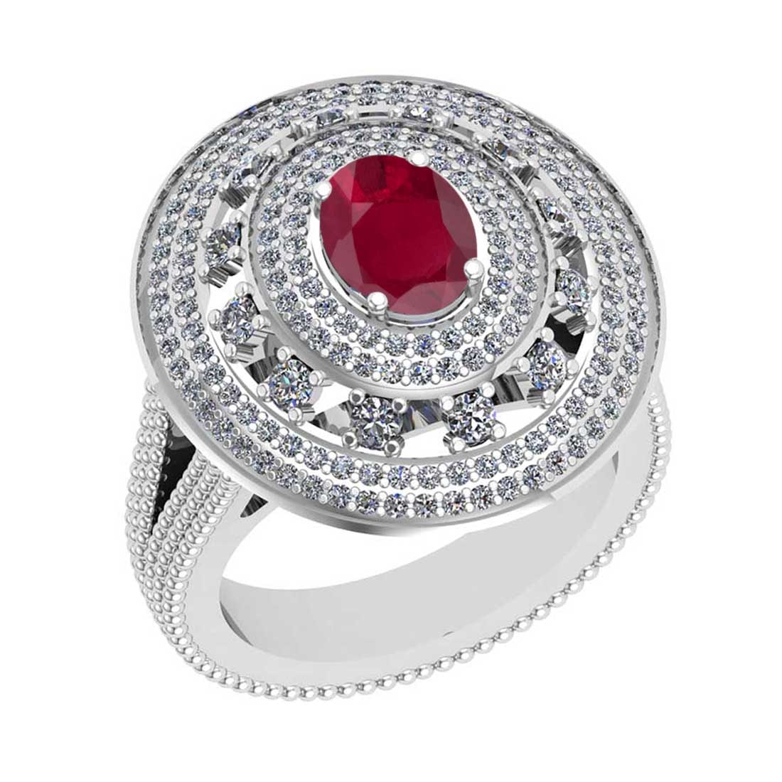 2.46 Ctw SI2/I1Ruby and Diamond 14K White Gold Engagement Ring: Center Stone Weight : 1.25 Ctw ( 1pec Oval Cut) Center stone Color :-Ruby Setting : Prong Side Diamond Weight Of Ctw 1.21 Ctw Color : J-K Clarity : SI2/I1 Stone Setting : Prong Metal Weight : Approx 1