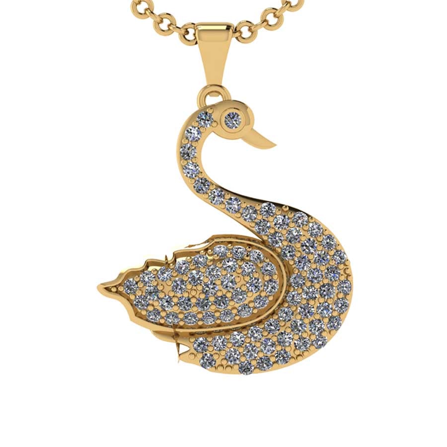 1.16 Ctw SI2/I1 Diamond 14K Yellow Gold swan Pendant Necklace: Total Diamond Weight : 1.16 Ctw (Round cut) Center Diamond Color :- J-K Center Clarity : SI2/I1 Stone Setting : Prong Metal Weight : Approx 6.20 Gram 14K Yellow Gold swan Pendant Necklace #PAPPS27852v