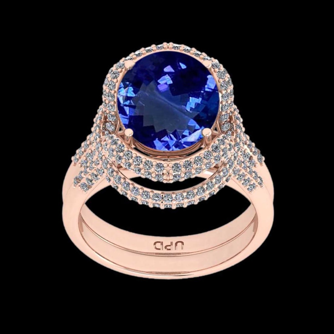 6.87 Ctw VS/SI1 Tanzanite and Diamond 14K Rose Gold Vintage Style Ring: Center Stone Weight : 5.53 Ctw ( Oval Cut) Center stone Color :-Tanzanite Center Stone Setting : Prong Side Stone Weight Of Ctw 1.34 Ctw Side Stone Color : J-K Stone Clarity : VS/SI1 Stone Setting : P