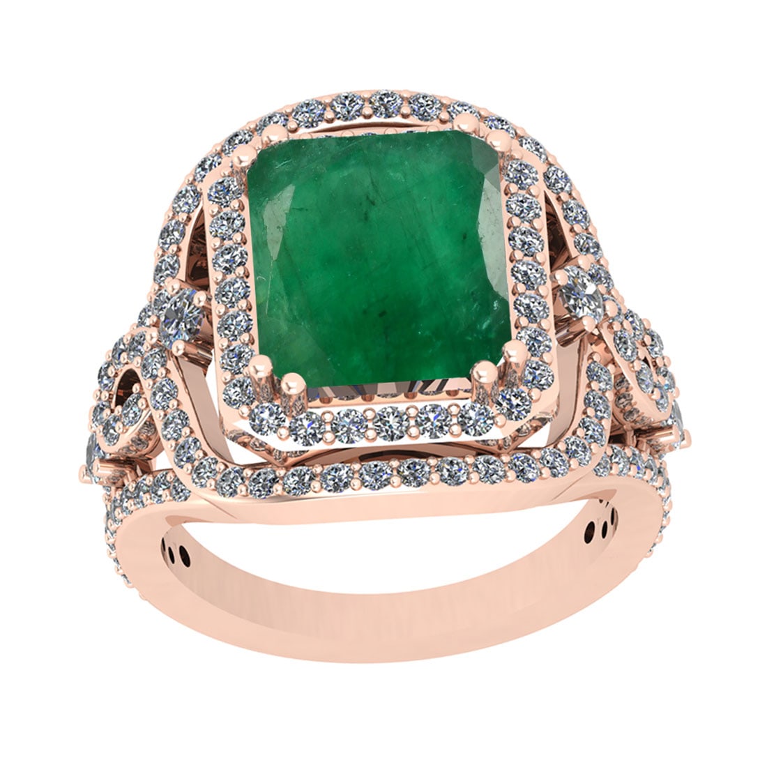 13.91 Ctw VS/SI1 Emerald And Diamond 18K Rose Gold Vintage Style Ring: Color Stone Weight : 12.11 Ctw (Emerald Octo Cut ) Center Stone Color : Emerald Center Stone Setting : Prong Side Stone Weight Of Ctw 1.80 Ctw Side Stone Color : J-K Stone Clarity : VS/SI1 Stone