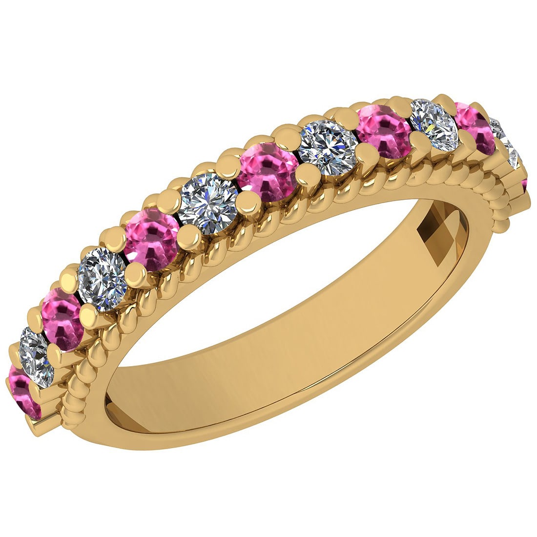 0.96 Ctw SI2/I1 Pink Sapphire And Diamond 14K Yellow Gold Filigree Band Rin: Center Weight : 0.51 Ctw ( Round Cut ) Center Color :- Pink Sapphire Stone Setting : Prong Side Stone Weight Of Ctw 043 Ctw Side Stone Color : J-K Stone Clarity : SI2/I1 Stone Setting : Prong Metal We