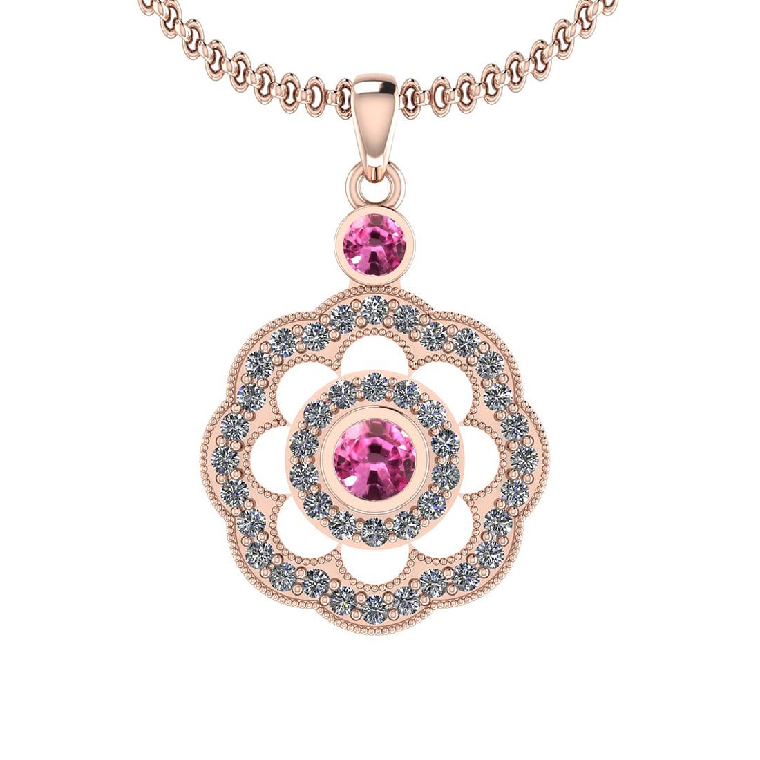 1.03 Ctw SI2/I1 Pink Sapphire And Diamond 14K Rose Gold Pendant Necklace: Center Weight : 0.45 Ctw ( Round Cut ) Center Color :- Pink Sapphire Stone Setting : Bezel Side Stone Weight Of Ctw 0.58 Ctw Side Stone Color : J-K Stone Clarity : SI2/I1 Stone Setting : Prong Metal