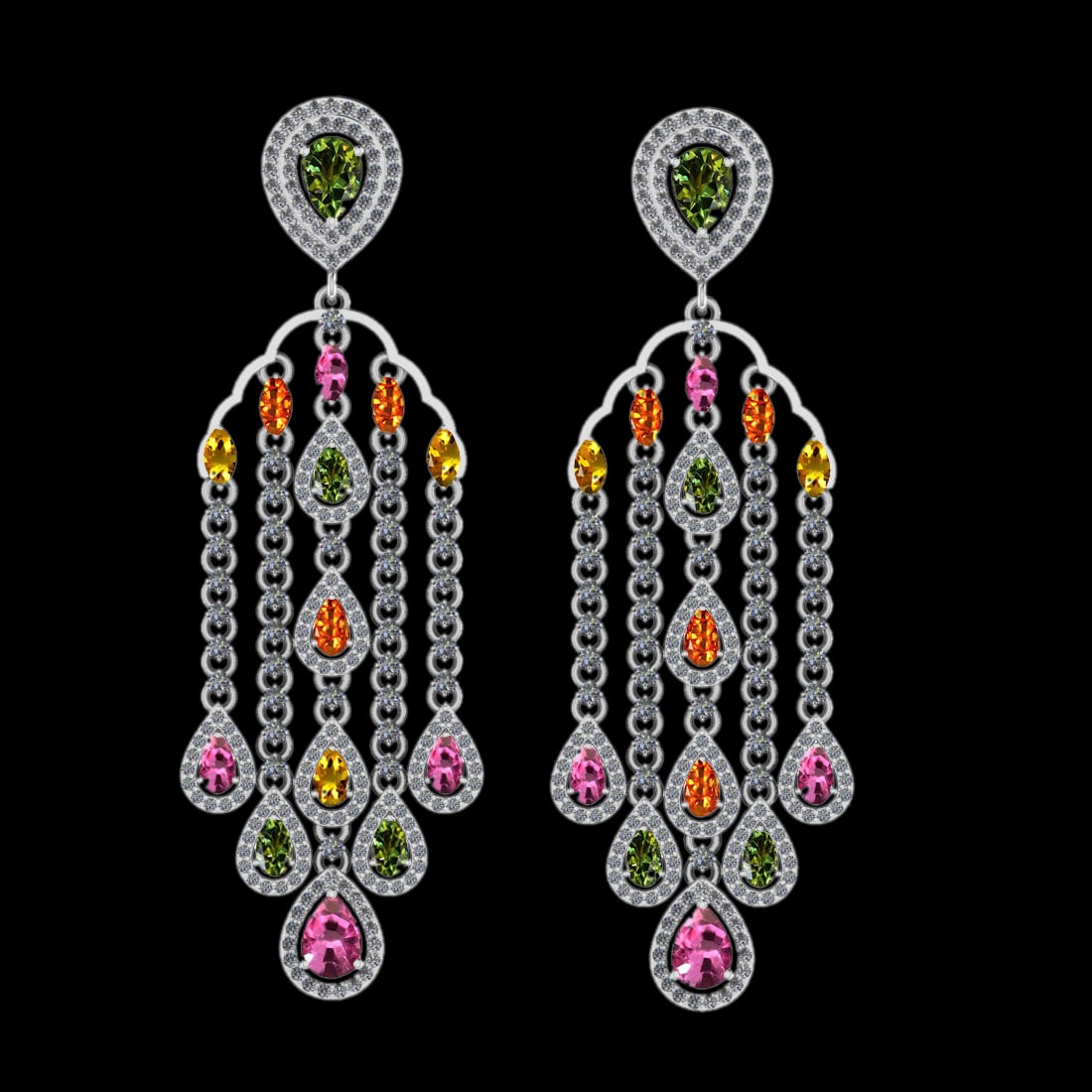 12.05 Ctw SI2/I1 Multi Sapphire And Diamond 14K White Gold Dangling Earring: Multi Stone Weight : 7.50 Ctw (Pear,Marquise cut ) Multi Stone Color : Pink,Yellow,Green,Orange Sapphire Stone Setting : Prong Side Stone Weight Of Ctw 4.55 Ctw Side Stone Color : J-K Stone Clarity : 