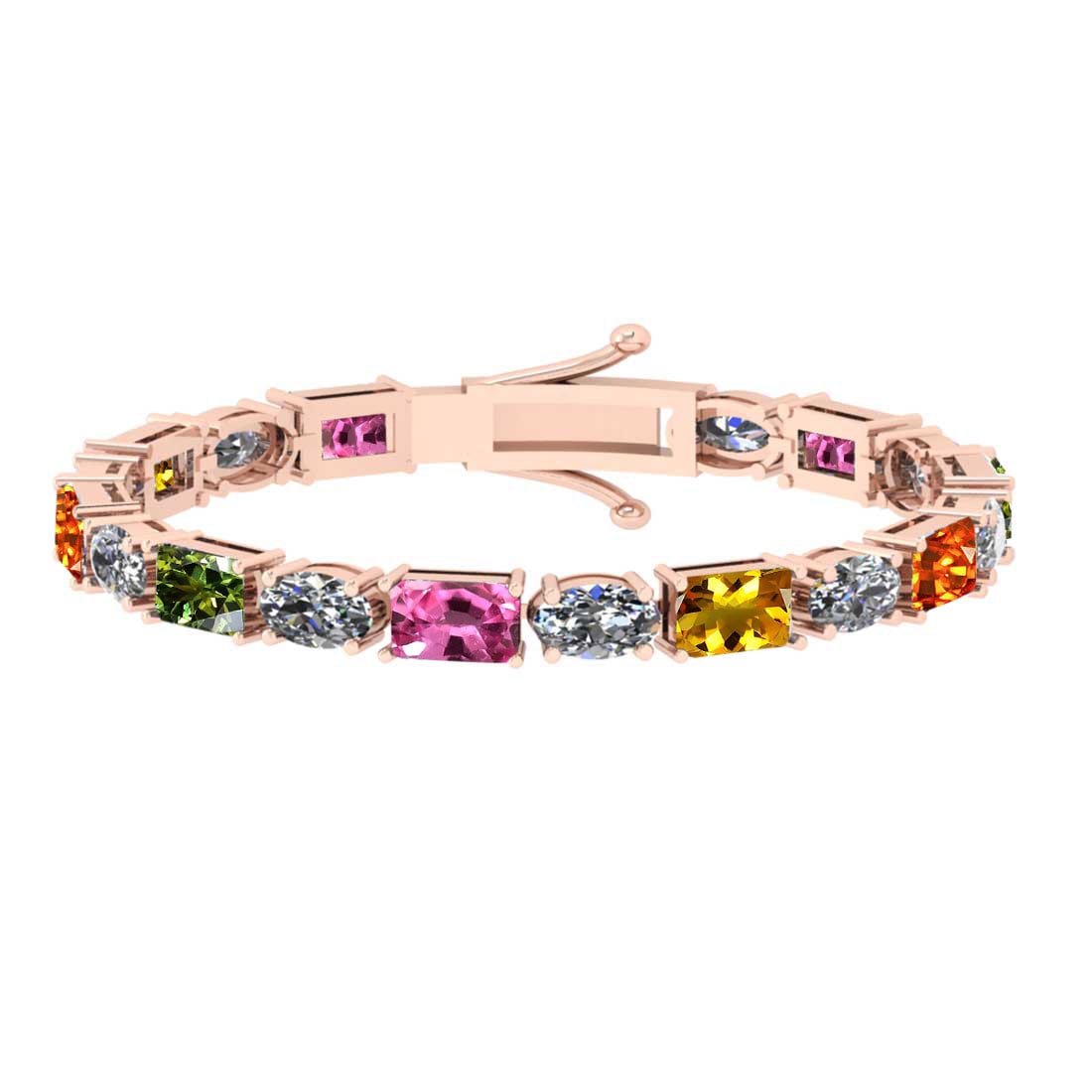 8.10 Ctw VS/SI1 Multi Stone Sapphire And Diamond 14K Rose Gold Bracelet: Multi Stone Weight : 3.60 Ctw ( Emerald Cut ) Multi Stone Color :- Pink,Yellow Green,Orange Sapphire Stone Setting : Prong Side Diamond Weight Of Ctw 4.50 Ctw (Oval Cut) Side Stone Color : J-K Stone C