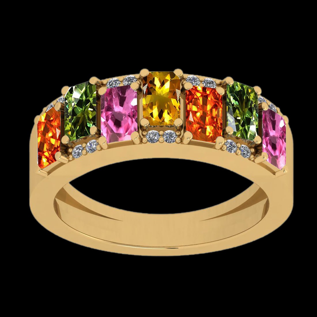 1.87 Ctw SI2/I1 Multi Sapphire And Diamond 14K Yellow Gold Eternity Half Ba: Multi Stone Weight : 1.75 Ctw (Emerald Cut ) Multi Stone Color : Pink,Yellow,Green,Orange Sapphire Stone Setting : Prong Side Stone Weight Of Ctw 0.12 Ctw Side Stone Color : J-K Stone Clarity : SI2/I1