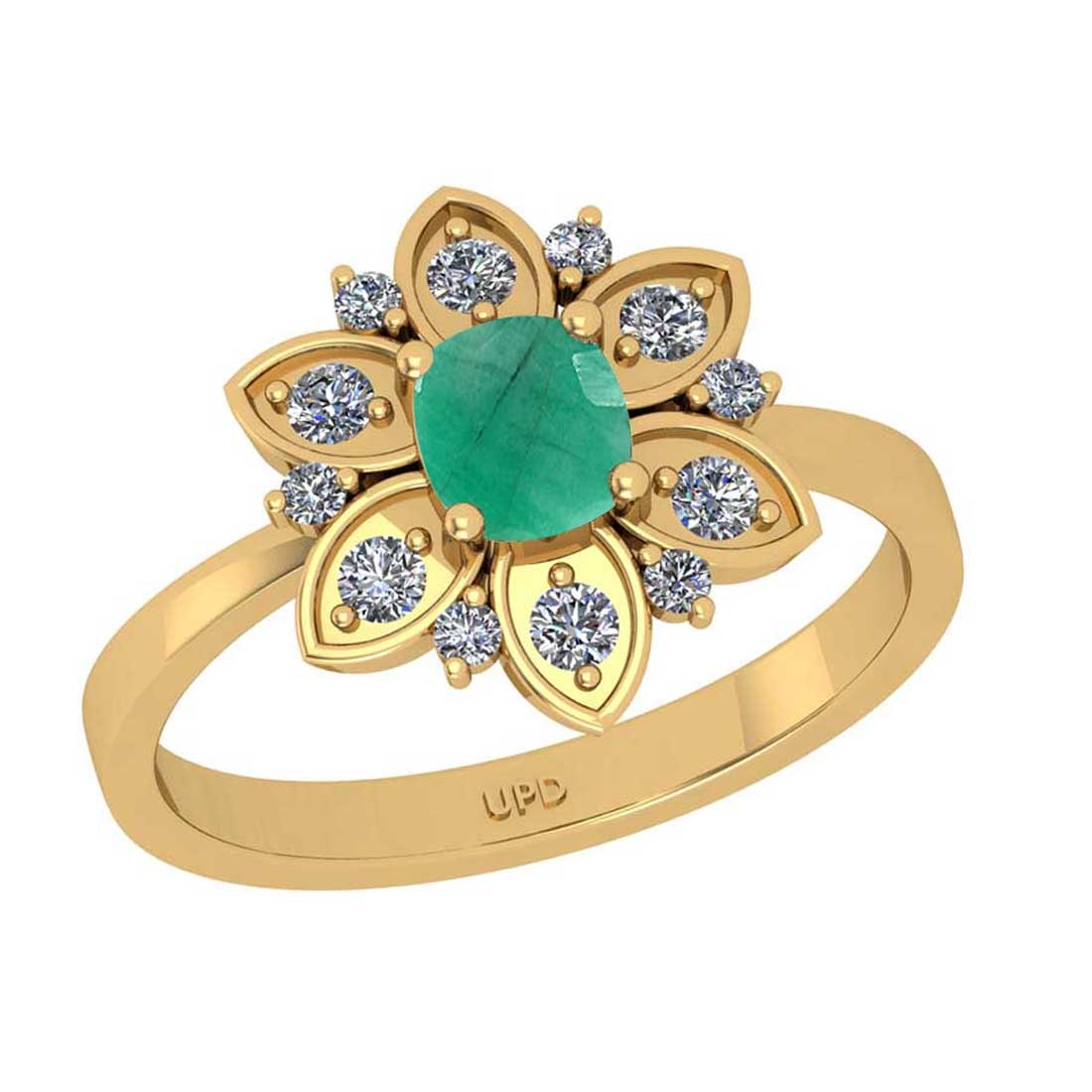 1.29 Ctw SI2/I1Emerald and Diamond 14K Yellow Gold Engagement set Ring: Center Stone Weight : 1.00 Ctw ( 1pec Cushion Cut) Center stone Color :-Emerald Setting : Prong Side Diamond Weight Of Ctw 0.29 Ctw Color : J-K Clarity : SI2/I1 Stone Setting : Prong Metal Weight : Ap