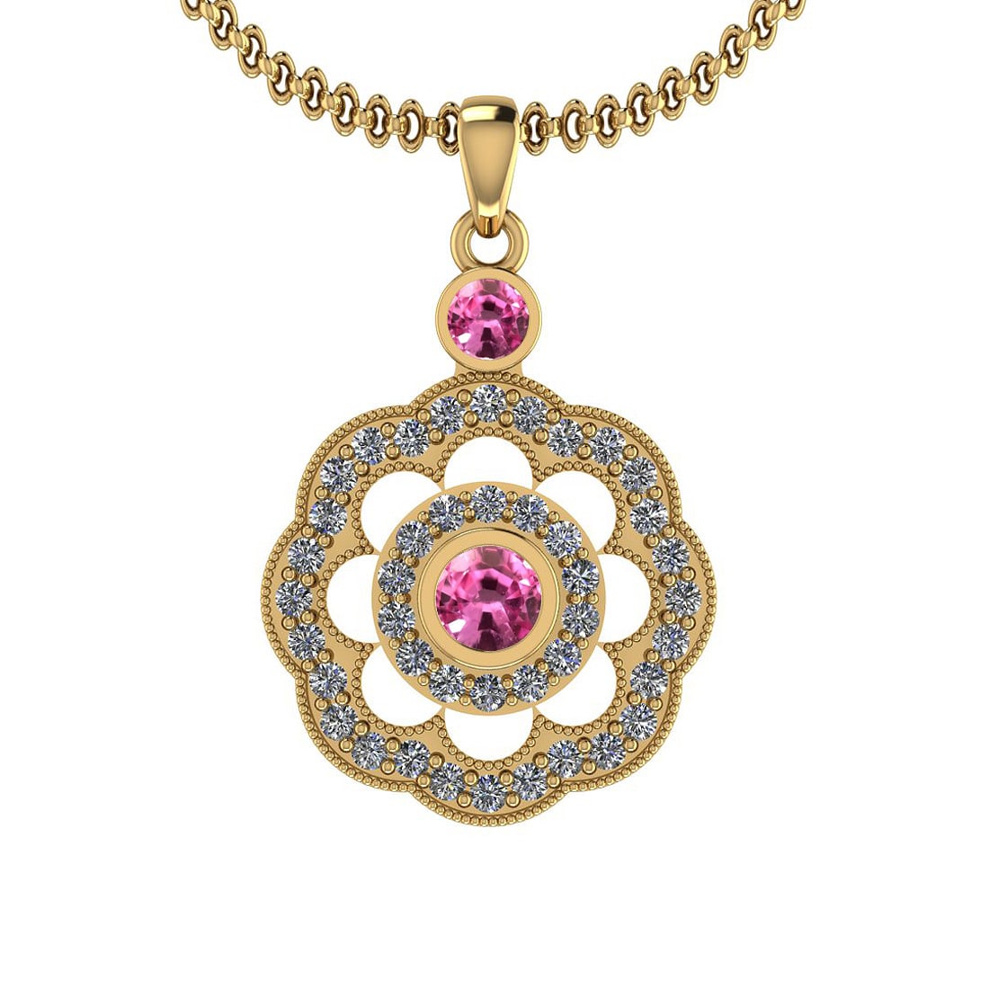 1.03 Ctw SI2/I1 Pink Sapphire And Diamond 14K Yellow Gold Pendant Necklace: Center Weight : 0.45 Ctw ( Round Cut ) Center Color :- Pink Sapphire Stone Setting : Bezel Side Stone Weight Of Ctw 0.58 Ctw Side Stone Color : J-K Stone Clarity : SI2/I1 Stone Setting : Prong Metal W