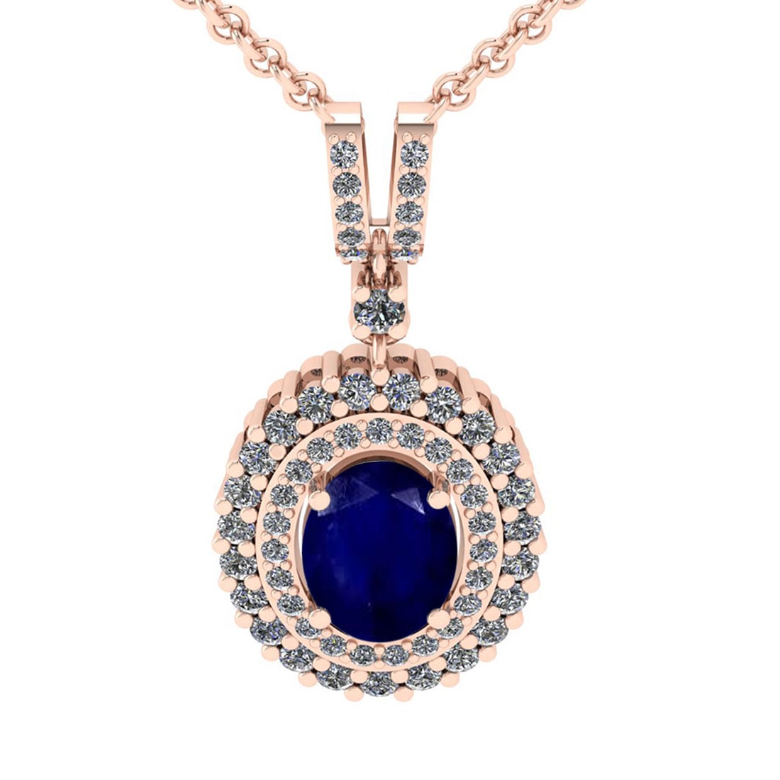 1.80 Ctw VS/SI1 Blue Sapphire And Diamond 14K Rose Gold Necklace (ALL DIAMO: Color Stone Weight : 1.25 Ctw ( Oval Cut ) Center Stone Color : Blue Sapphire Stone Setting : Prong Side Diamond Weight Of Ctw 0.55 Ctw Side Stone Color : J-K Stone Clarity : VS/SI1 Stone Setting : Pr