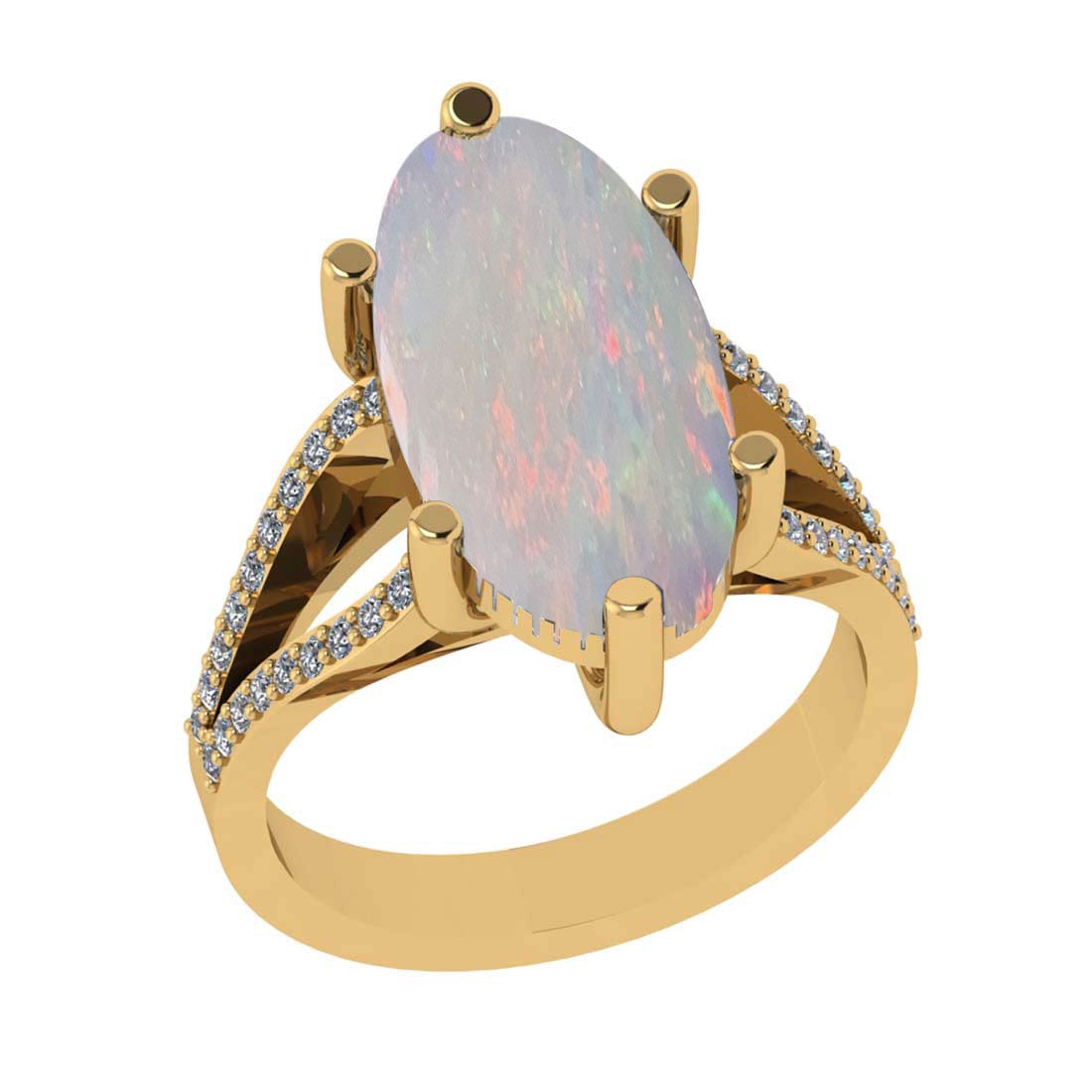 5.58 Ctw SI2/I1 Opal and Diamond 14K Yellow Gold Engagement Ring: Center Stone Weight : 5.26 Ctw Center stone Color :- Opal Setting : Prong Side Weight Of Ctw 0.32 Ctw Color : J-K Clarity : SI2/I1 Stone Setting : Prong Metal Weight : Approx 6.35 gram 14K Yellow Gold