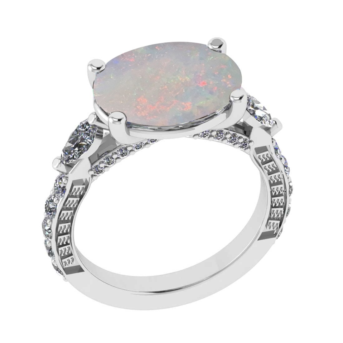 5.08 Ctw SI2/I1 Opal and Diamond 14K White Gold Engagement Ring: Center Stone Weight : 4.03 Ctw Center stone Color :- Opal Setting : Prong Side Weight Of Ctw 1.05 Ctw Color : J-K Clarity : SI2/I1 Stone Setting : Prong Metal Weight : Approx 5.40 gram 14K White Gold 