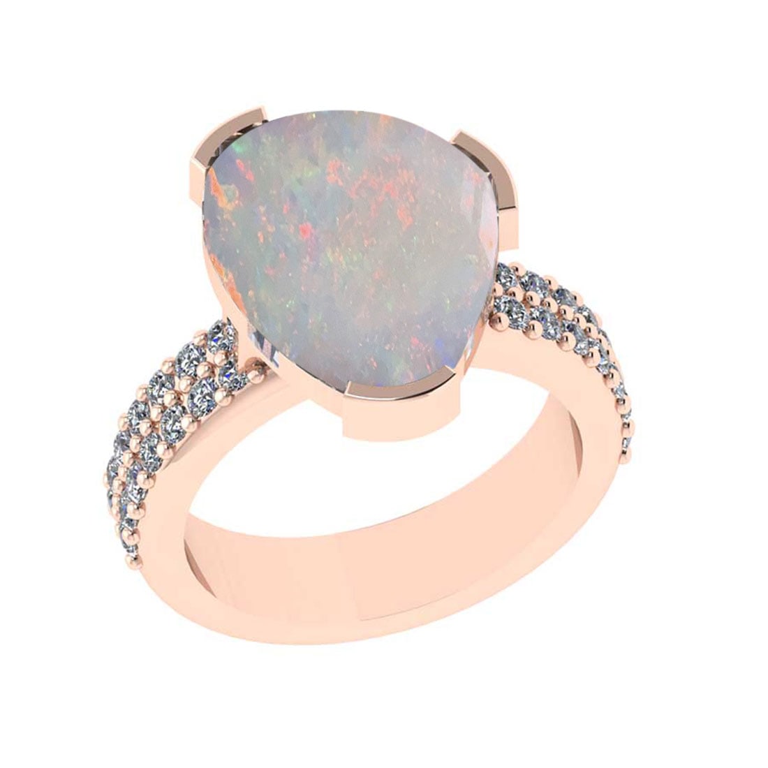 4.34 Ctw SI2/I1 Opal and Diamond 14K Rose Gold Engagement Ring: Center Stone Weight : 3.76 Ctw Center stone Color :- Opal Setting : Prong Side Weight Of Ctw 0.58 Ctw Color : J-K Clarity : SI2/I1 Stone Setting : Prong Metal Weight : Approx 6.90 gram 14K Rose Gold E