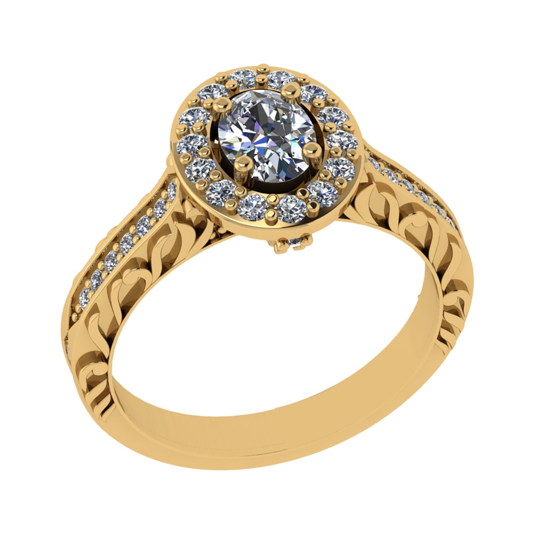 0.99 Ctw SI2/I1 Diamond 14K Yellow Gold Engagement Halo Ring: Center Diamond Weight :- 0.47 Ctw ( Oval Cut) Color :-J-K Clarity : SI2/I1 Center Stone Setting : Prong Side Diamond Weight Of Ctw 0.52 Ctw Color : J-K Clarity : SI2/I1 Stone Setting : Prong Metal Wei