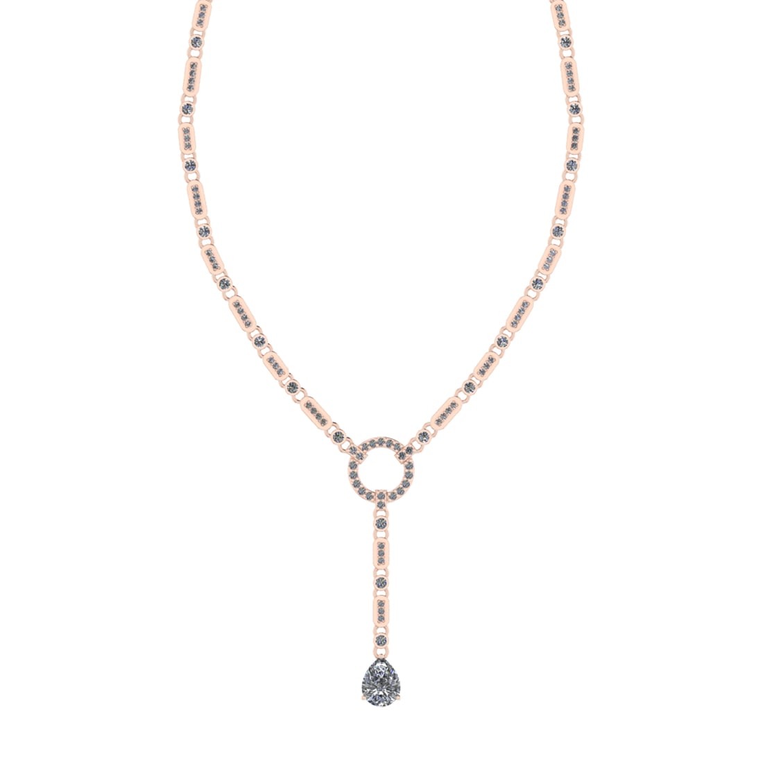 3.25 Ctw SI2/I1Diamond 14K Rose Gold Necklace: Center Diamond Weight : 1.80 Ctw (Pear Cut) Center Diamond Color : J-K Center Stone Setting : Prong Center Stone Clarity : SI2/I1Side Stone Weight Of Ctw 1.45 Ctw Side Stone Color : J-K Stone Clarity 