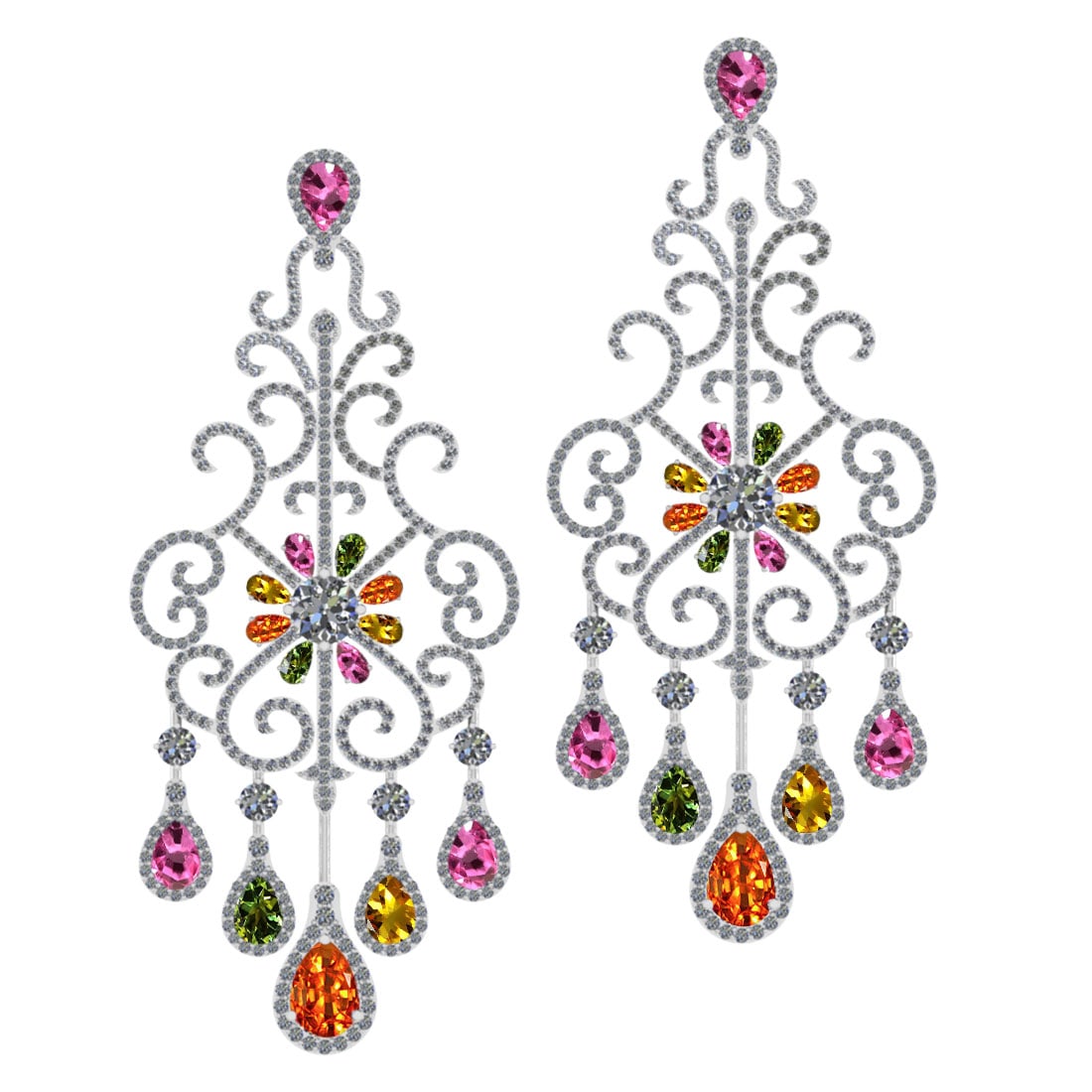 24.00 Ctw VS/SI1 Multi Stone Sapphire And Diamond 14K White Gold Dangling E: Multi Stone Weight : 14.50 Ctw ( Pear Cut ) Multi Stone Color :- Pink,Yellow Green,Orange Sapphire Stone Setting : Prong Side Diamond Weight Of Ctw 9.50 Ctw Side Stone Color : J-K Stone Clarity : VS/S