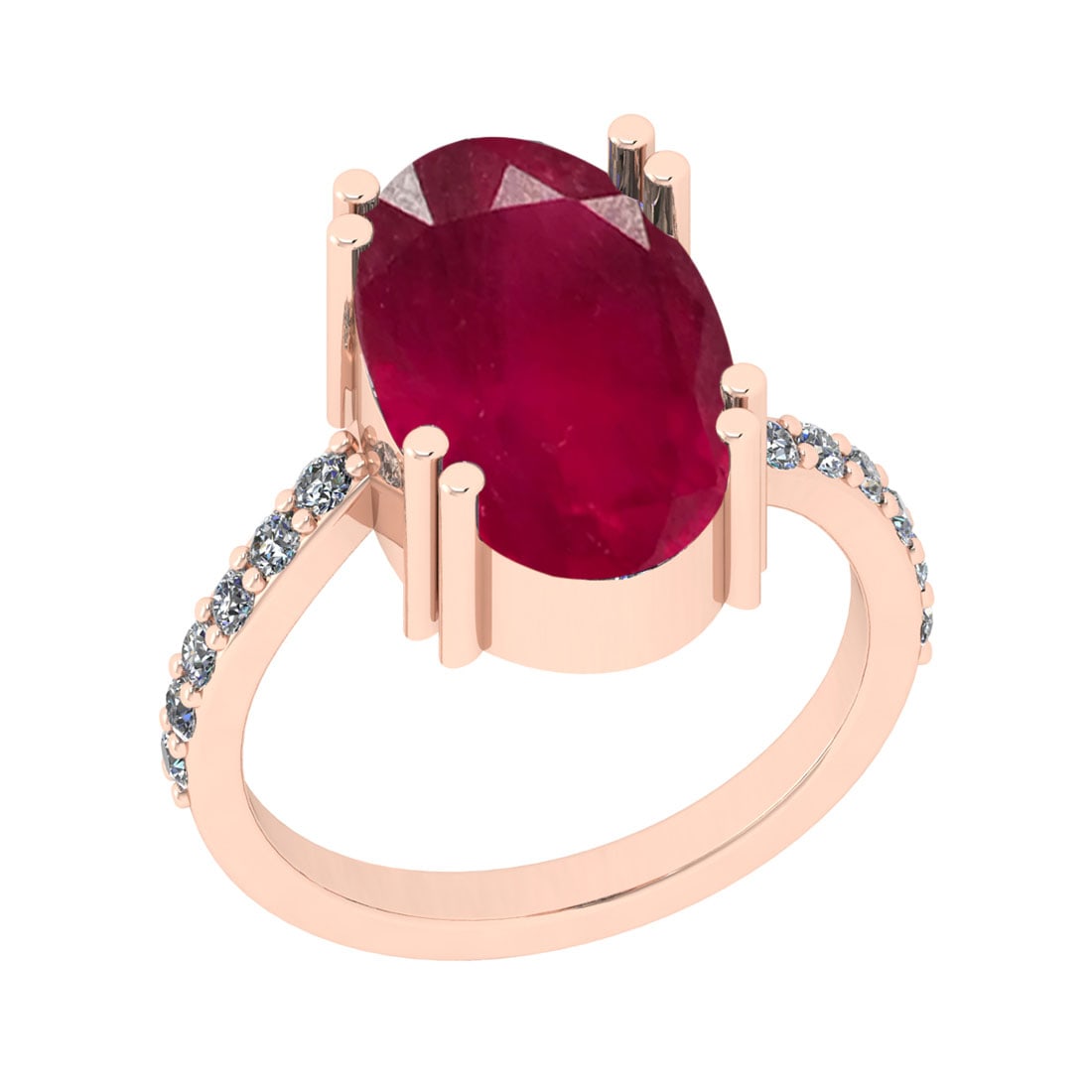 6.28 CtwSI2/I1 Ruby And Diamond 14K Rose Gold Cocktail Ring: Center Stone Weight : 5.88 Ctw ( Oval Cut ) Center Stone Color : Ruby Stone Setting : Prong Side Diamond Weight Of Ctw 0.40 Ctw Side Stone Color : J-K Stone Clarity :SI2/I1 Stone Setting : Prong Metal