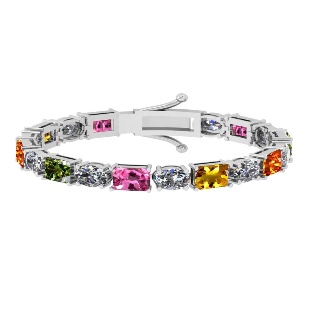8.10 Ctw VS/SI1 Multi Stone Sapphire And Diamond 14K White Gold Bracelet: Multi Stone Weight : 3.60 Ctw ( Emerald Cut ) Multi Stone Color :- Pink,Yellow Green,Orange Sapphire Stone Setting : Prong Side Diamond Weight Of Ctw 4.50 Ctw (Oval Cut) Side Stone Color : J-K Stone C