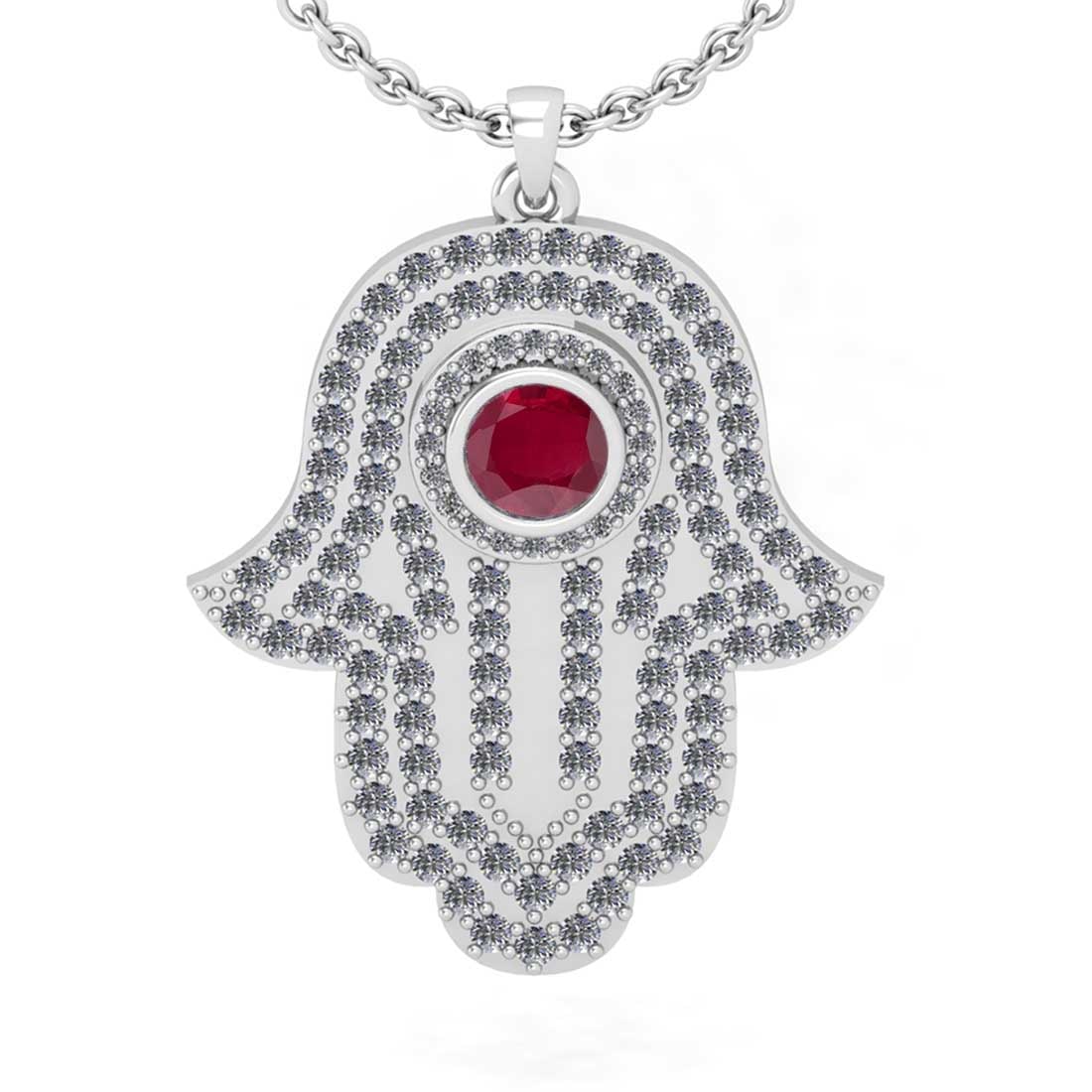 1.97 Ctw SI2/I1 Ruby and Diamond 14K White Gold Pendant Necklace: Center Stone Weight : 0.50 Ctw ( Round Cut) Center Stone Color :-Ruby Setting : Prong Side Diamond Weight Of Ctw 1.47 Ctw Color : J-K Clarity : SI2/I1 Stone Setting : Prong Metal Weight : Approx 7.90 